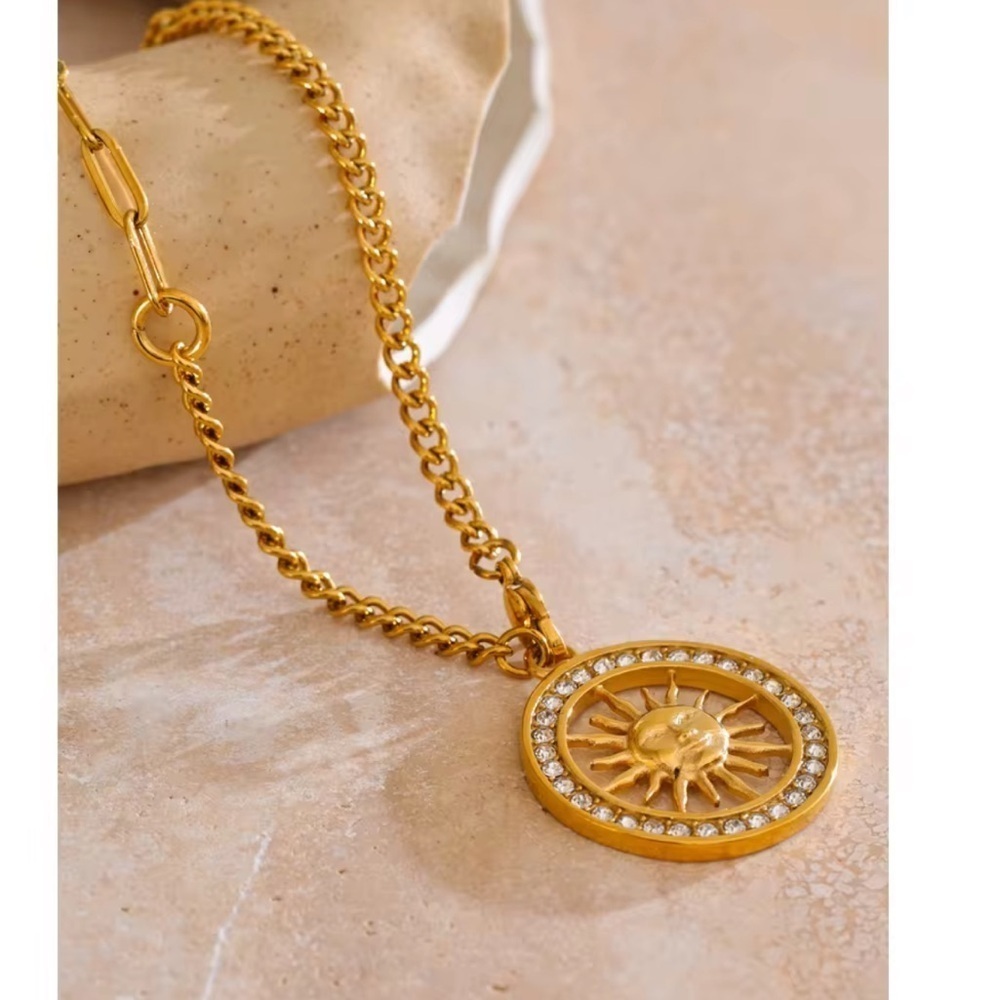 Sun Medallion Pendant Necklace Stainless Steel Gold Plated with Cubic Zirconia
